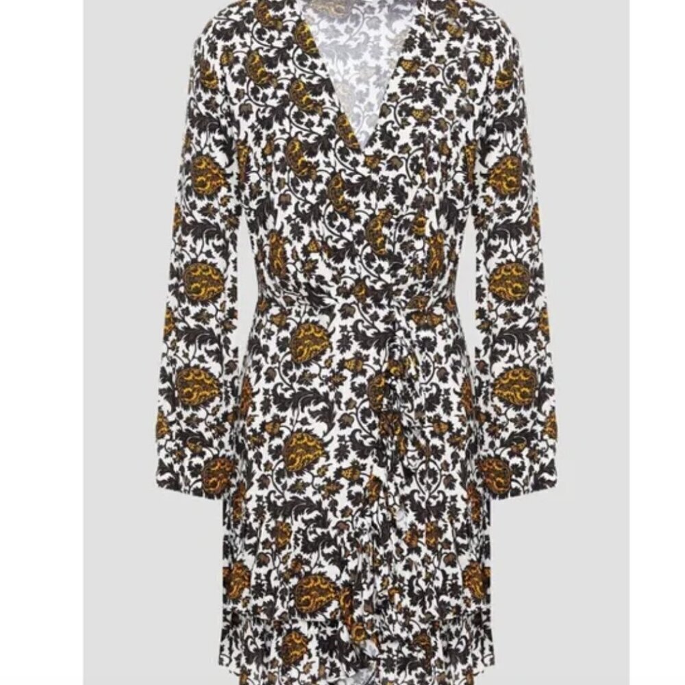 Sandro Dami Dress Mini Short Printed Gathered Paisley Floral White Size 34 US 0